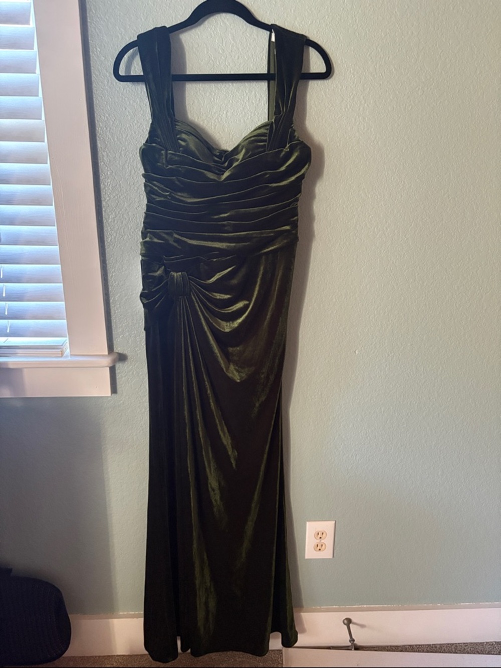 Azazie Genesis Olive Sheath Pleated Velvet Dress, - Picture 8 of 9